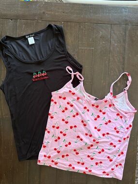Cherry Print Pink Cami & Black Cherry Embroidered Tank Duo